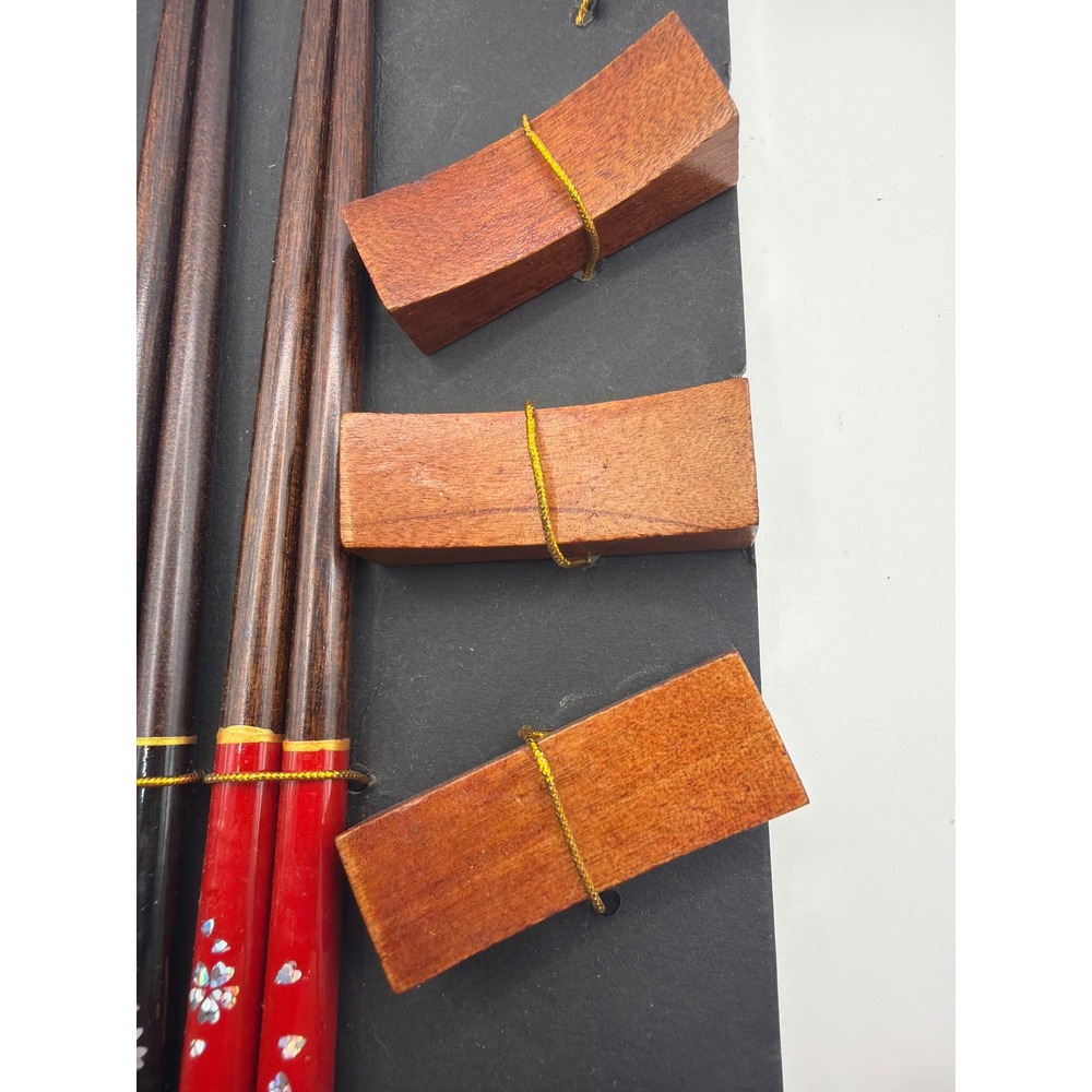 3 Pair Wooden Chopstick Set with Rests Red Black Lacquer Sakura Floral Design - Picture 3 of 5